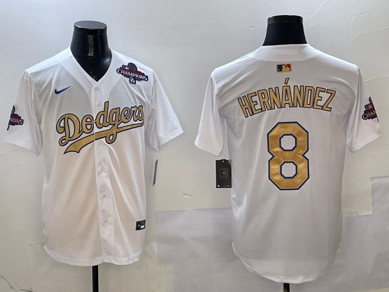 Men Los Angeles Dodgers 8 Hernandez White Champion gold character 2025 Nike MLB Jersey style 7